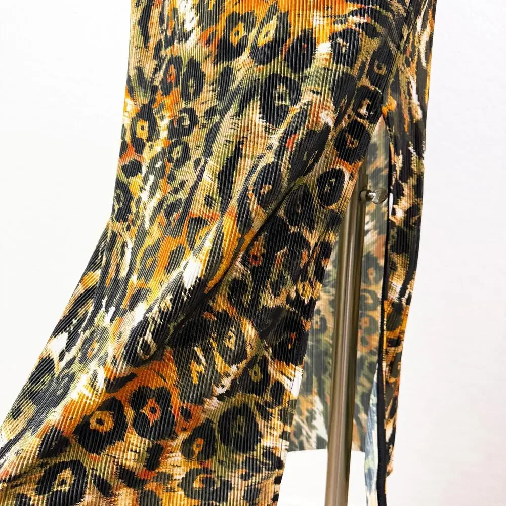 DKNY Y2K 90s Plisse Pleated High Slit Leopard Animal Print Maxi Skirt Small NWT